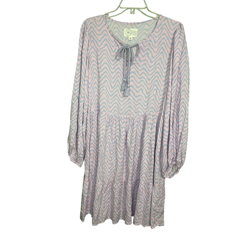 Destination 365 QVC XS Oversized Tunic Dress Pink Blue Wave Tassel Boho